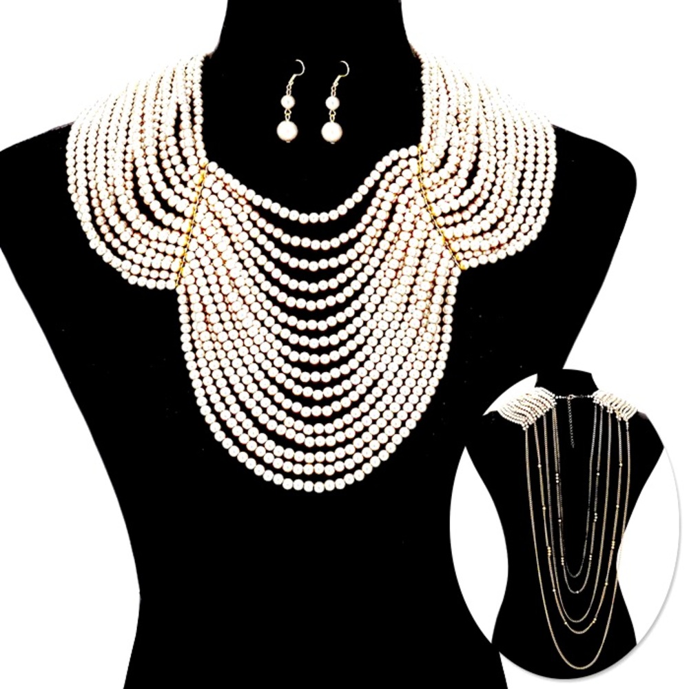 Cream 16 Strand Draped Pearl Bib Statement Necklace